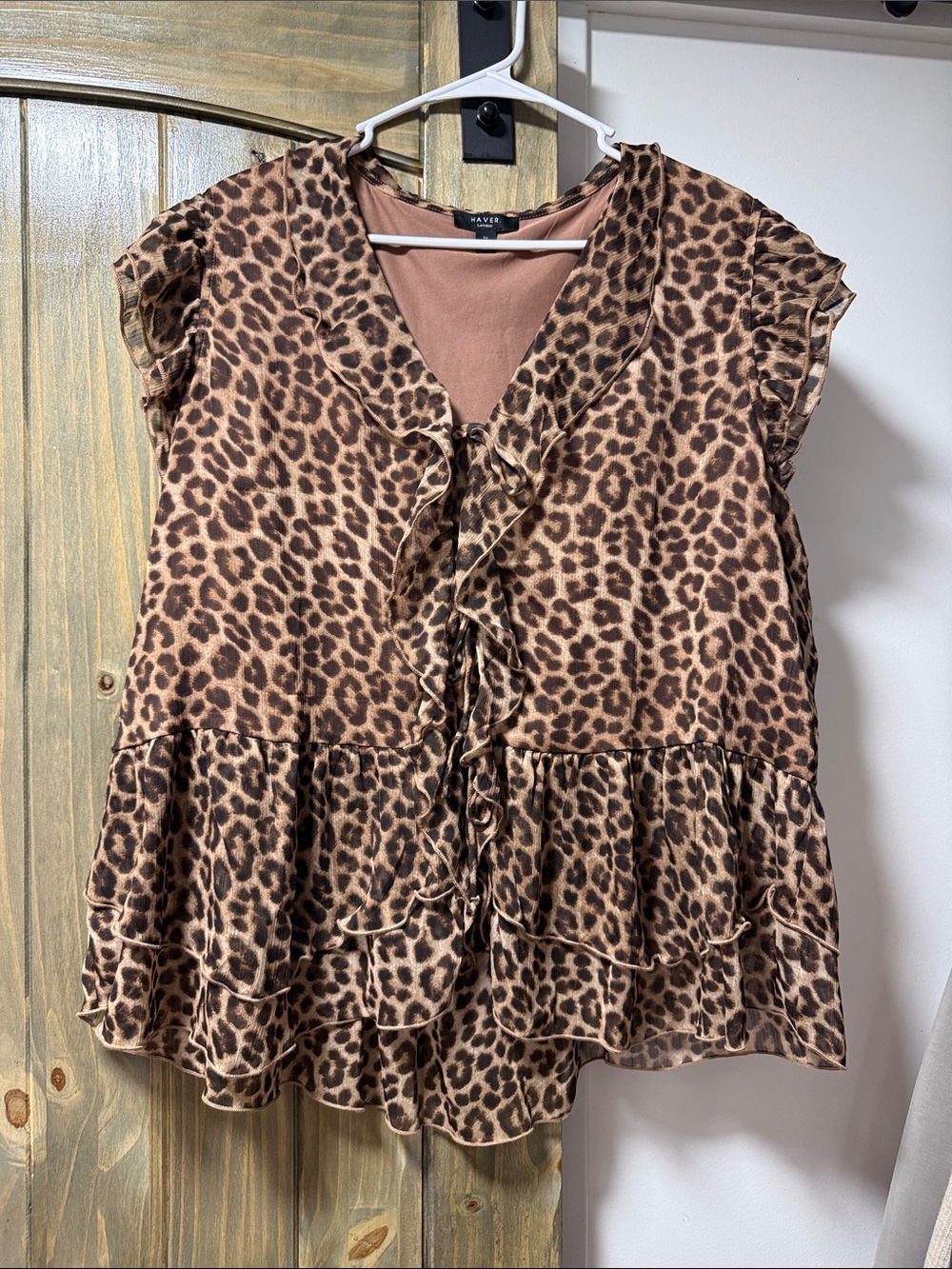 Haver Brown Leopard Ruffle V-Neck Blouse